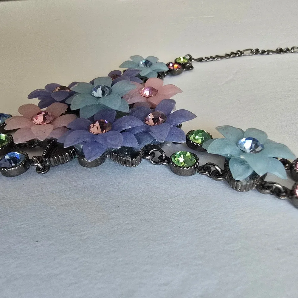 Floral Bib Necklace Earring Set Pastel Resin Flowers Gunmetal Rhinestone Jewelry